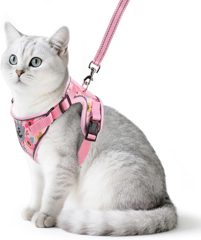 PUPTECK Cat Harness and Leash Set Escape Proof Reflective Cat Walking Harness Adjustable Soft Breathable Mesh Vest for Small Pets, Pink Flowers, S