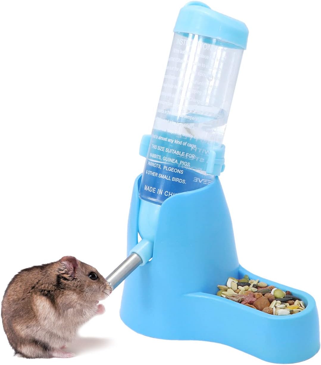 3 in 1 Hamster Hanging Water Bottle Pet Auto Dispenser with Base for Dwarf Hamster Mouse Rat Hedgehog (125ML, Blue)