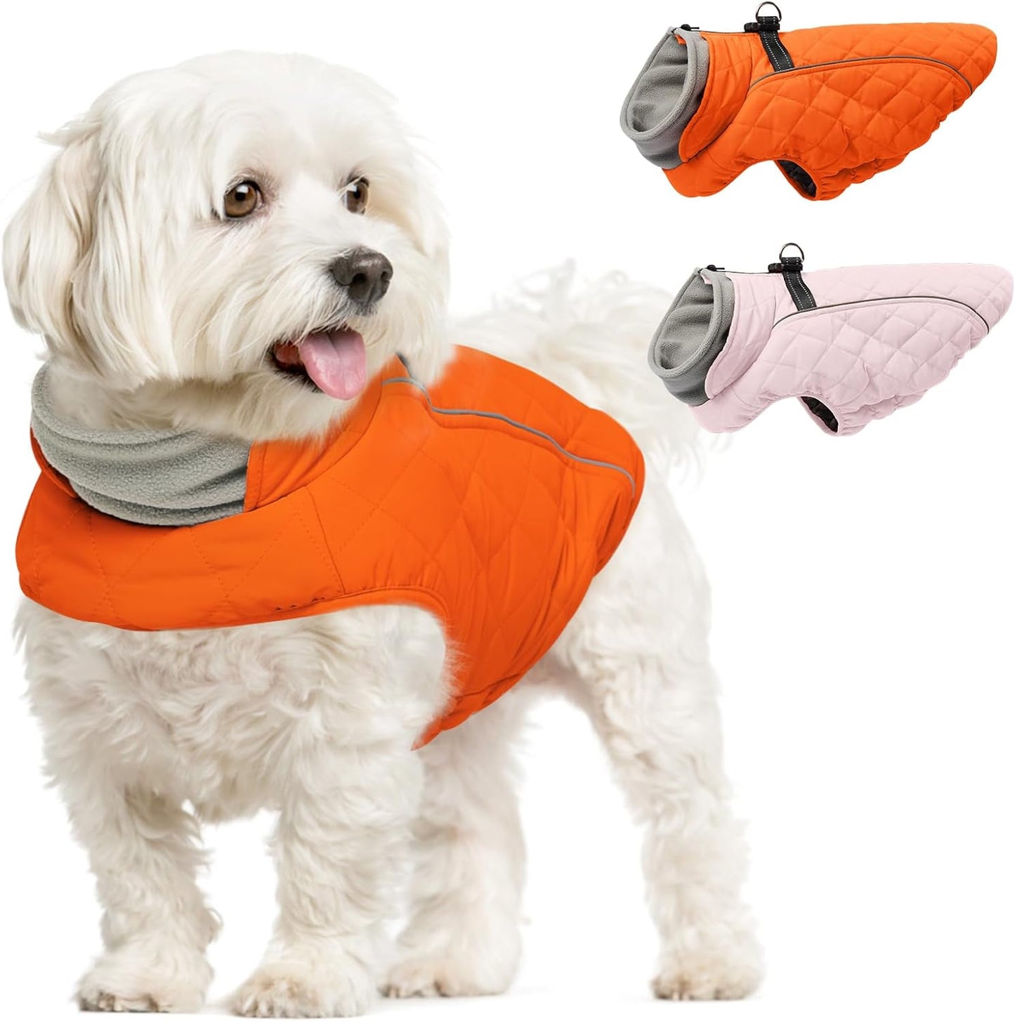 Dog Coat with Harness Built in -Orange,Small- Fleece Lined Dog Snow Jacket Snowsuit，Adjustable Reflective Winter Warm Cold Weather Coat