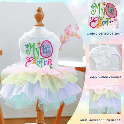 ANIAC Happy 1st Easter Dog Dress Girl Holiday Puppy Clothes for Small Dog Easter Cat Outfit Eggs Print Rainbow Doggy Princess Tutu Dress Pet Clothing (Large)