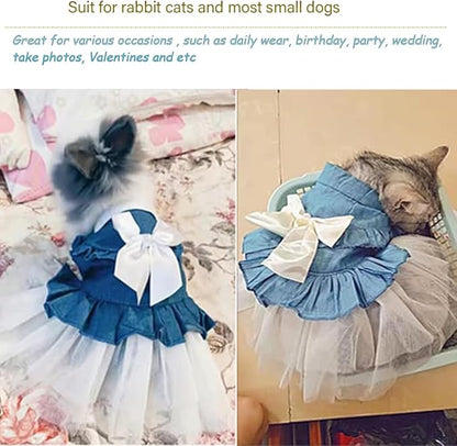 ANIAC Blue Denim Dog Dresses for Small Dog Girl Spring Summer Puppy Clothes Fancy Dress for Dogs Cat White Lace Doggy Tutu Outfit for Birthday Wedding Valentine(X-Small)