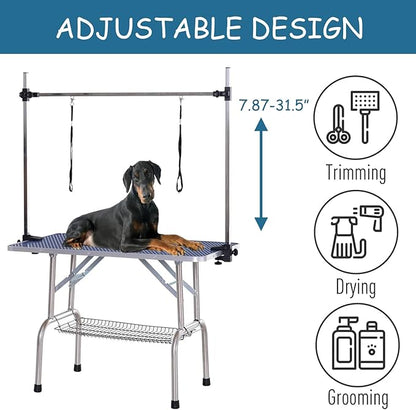 46" Dog Grooming Table Foldable Pet Grooming Tables with Adjustable Arm Noose Storage Mesh Tray Maximum Capacity Up to 330lbs Blue