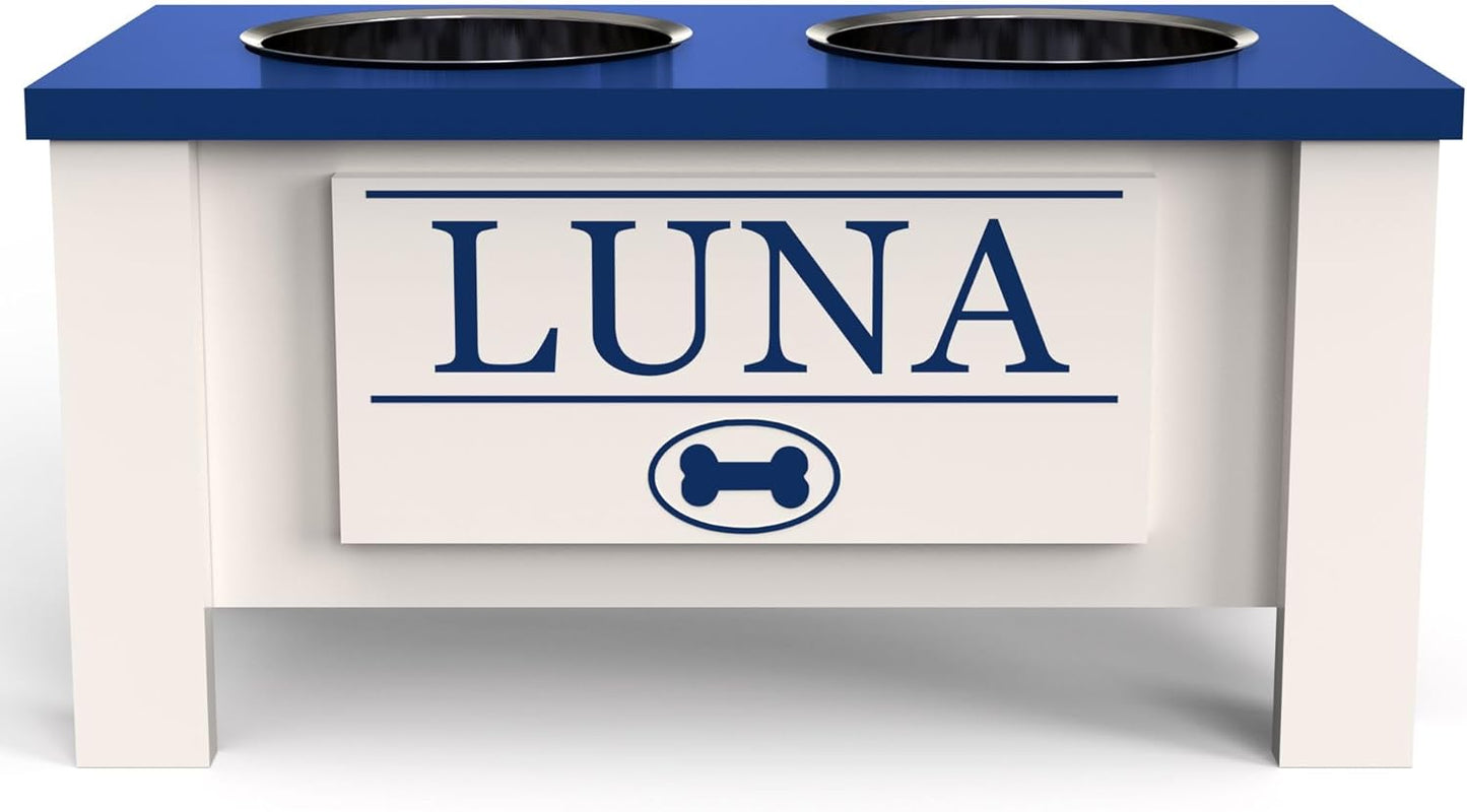 GrooveThis Woodshop - Personalized Elevated Dog Bowl Stand for Large, Medium, Small, X-Small Dogs - Stainless Steel Food and Water Bowls - Raised Dog Dish with Internal Storage (Medium, Blue)