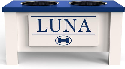 GrooveThis Woodshop - Personalized Elevated Dog Bowl Stand for Large, Medium, Small, X-Small Dogs - Stainless Steel Food and Water Bowls - Raised Dog Dish with Internal Storage (Medium, Blue)