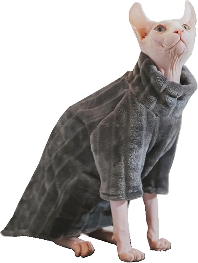 Turtleneck Sweater for Sphynx Cat Soft Coral Fleece Cat Clothes Thick Winter Warm Outfit Coat for Hairless Cats and Small Dogs Apparel with Sleeves (Grey, XL (9-13 lbs))