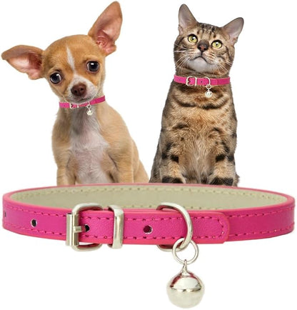 XS Dog Collar with Bell, Hot Pink Faux Leather Cat Collar with Bells Pu Basic Girl Dog Collars for XXS XSmall Small Medium Pet Female Dogs Little Kitten Tiny Animal, XSmall