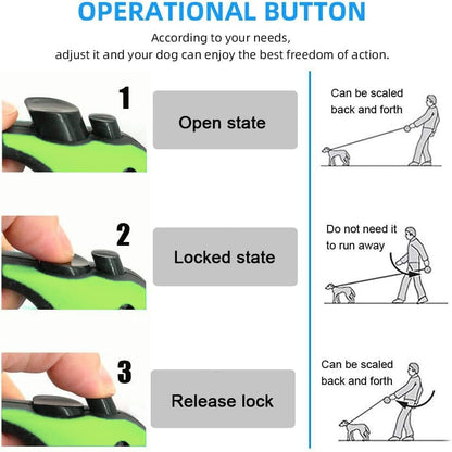 Retractable Green Dog Leash for Medium & Small Dogs & Cats - 16.5FT Tangle Free, Heavy Duty Walking Leash with Anti Slip Handle, Pause & Lock Strong Nylon Tape