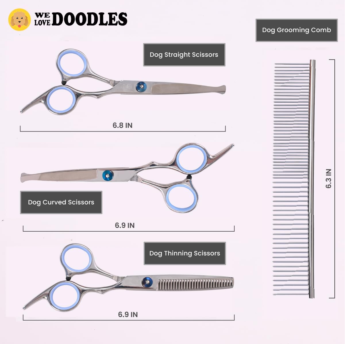 Dog Grooming Scissors Kit with Rounded Blunt Tips - Straight, Curved & Thinning Shears - Best Tools for Goldendoodles, Poodles & Doodles - Professional Grade Steel, 4 Pc Set [We Love Doodles]