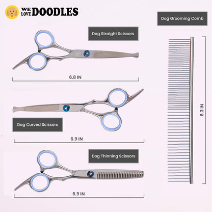 Dog Grooming Scissors Kit with Rounded Blunt Tips - Straight, Curved & Thinning Shears - Best Tools for Goldendoodles, Poodles & Doodles - Professional Grade Steel, 4 Pc Set [We Love Doodles]