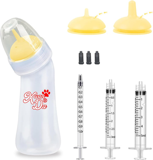 Pet Feeding Bottle and Syringes, 3 Sizes Nipples with Ventilation Valve Resistant Tearing Perfect for Puppies, Kittens, Small Wildlife (Yellow)
