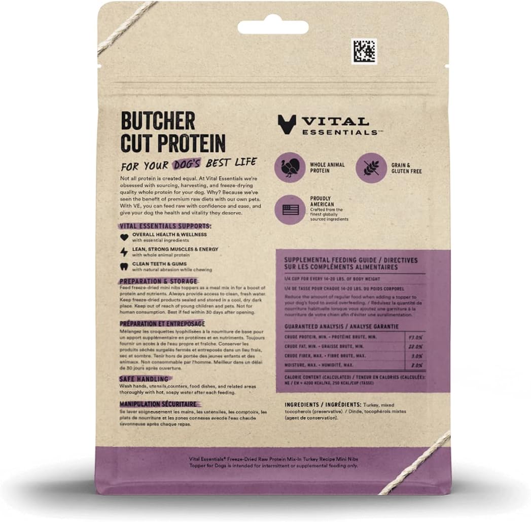 Vital Essentials Freeze Dried Raw Protein Mix-in Dog Food Topper, Turkey Mini Nibs Topper for Dogs, 6 oz