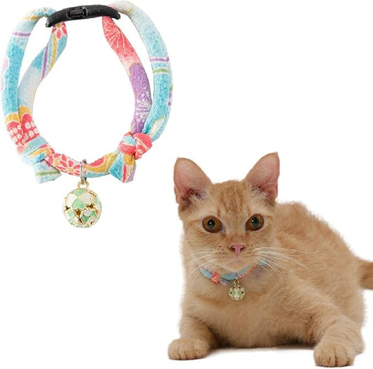 Necoichi Chirimen Cat Collar with Clover Bell (Baby Blue) with Bell Safety Breakaway Soft Lightweight for Cats Kitty Kitten Japanese Stylish Pattern, No.1 Seller in Japan