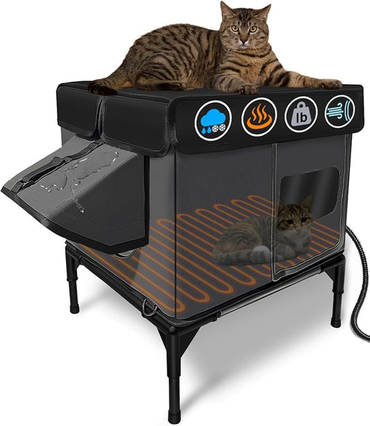 Heated Cat House for Outside Insulated in Winter,Fully Waterproof,with Adjustable Awning,Escape Door,Indoor Outdoor Cat Shelter for Feral Stray Barn Cat to Stay Warm&Dry,Black/Gray,Small