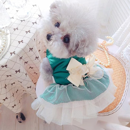 ANIAC Retro Dog Tulle Dress with Leash Ring Spring Summer Girl Puppy Clothes for Small Dog Cat Apparel Formal Pet Prom Dress for Christmas Wedding Birthday Valentines (Green,X-Large)