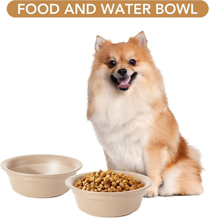 Ceramic 5.5inch Set of 2 Dog and Cat Bowls, 2pcs Basic Food and Water Dishes for Puppy, Kitty, Wide Opening Rounded Edge (2 Bowls, Oat Beige)