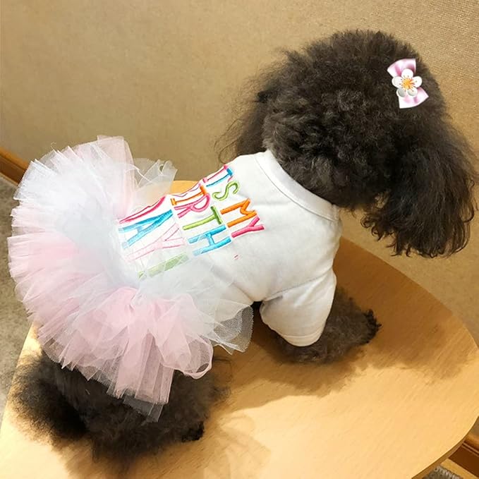 ANIAC Girl Dog Birthday Tutu Dresses Puppy Lace Skirt and Hairpin Cat Birthday Princess Dress Pet Clothes for Cats Small Dogs (Large, White)