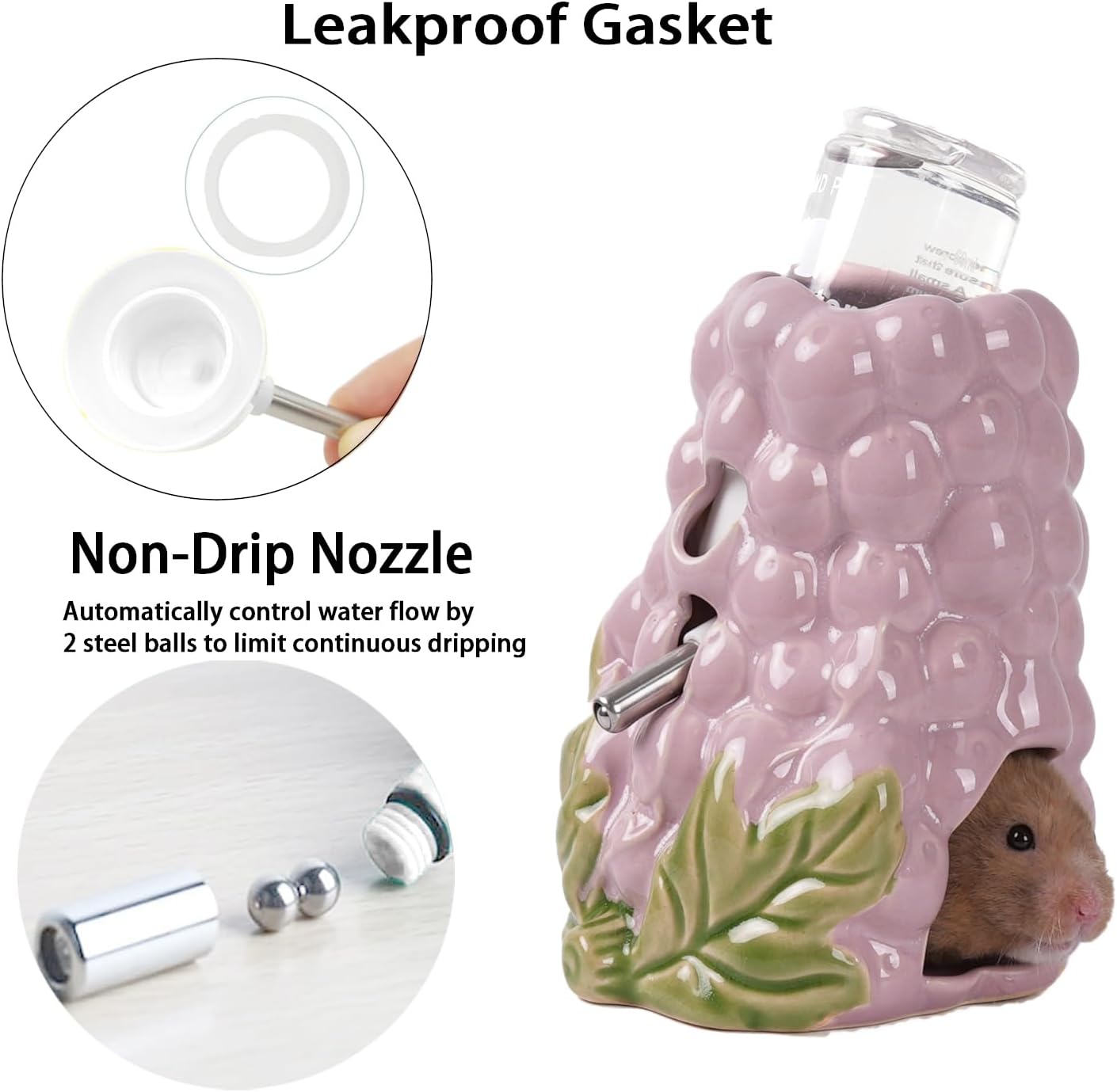 Hamster Water Bottle, Grape Ceramic Hamster Water Dispenser for Glass Tank,125ML Water Bottle Holder with 2 No Drip Caps for Syrian Mice,Gerbil