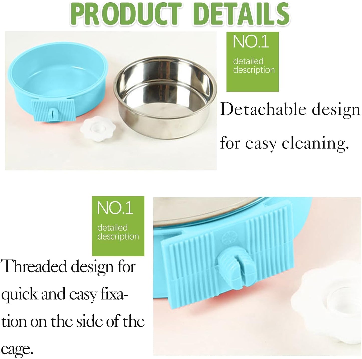 kathson Crate Dog Bowl 2pcs, Removable Stainless Steel Hanging Pet Kennel Cage Bowl Food & Water Feeder Coop Cup for Puppy, Cat, Rabbit, Guinea Pigs (2 PCS, Size: L, Blue and Green)