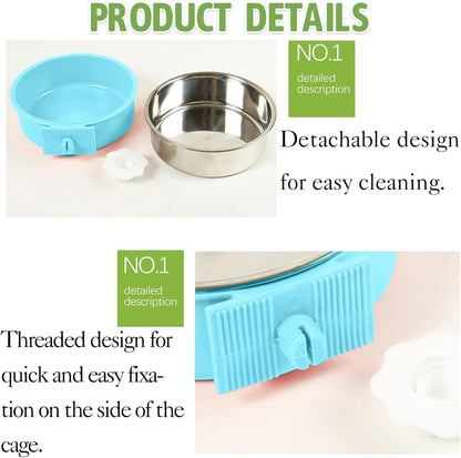 kathson Crate Dog Bowl 2pcs, Removable Stainless Steel Hanging Pet Kennel Cage Bowl Food & Water Feeder Coop Cup for Puppy, Cat, Rabbit, Guinea Pigs (2 PCS, Size: L, Blue and Green)