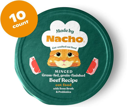 Made by Nacho Wet Cat Food, Grass-Fed, Grain-Finished Minced Beef in Bone Broth for Hydration with Prebiotics for Digestive Health, High Protein, 2.5oz Cups (10 Pack)