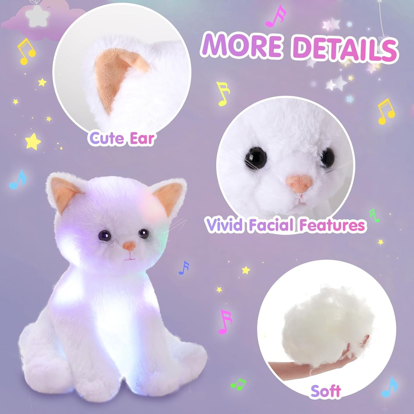 Houwsbaby 12'' White Musical Light Up Cat Stuffed Animal Kitty Plush Toy Singing LED Glowing Cat Plush Toy Christmas Festival Birthday Presents for Kids Girls Boys