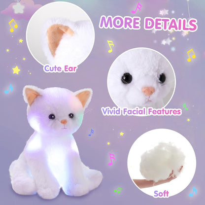 Houwsbaby 12'' White Musical Light Up Cat Stuffed Animal Kitty Plush Toy Singing LED Glowing Cat Plush Toy Christmas Festival Birthday Presents for Kids Girls Boys