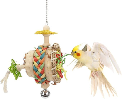 Hypeety Bird Foraging Toys Natural Seagrass Woven Basket Parrot Foraging Chewing Toy with Bell Colourful Parakeet Hanging Toys for Cockatiel Sun Parakeet Budgie Lovebirds (1 pc Woven Basket)