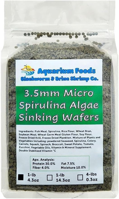 Aquatic Foods Inc. 3.5mm - 1/8" Micro Sinking Wafers of Algae, Spirulina, Veggies for All Tropical Fish, African Cichlids, Shrimp, Snails, Crabs, Catfish, Small Plecos…1-lb 4.3oz Clear Bag