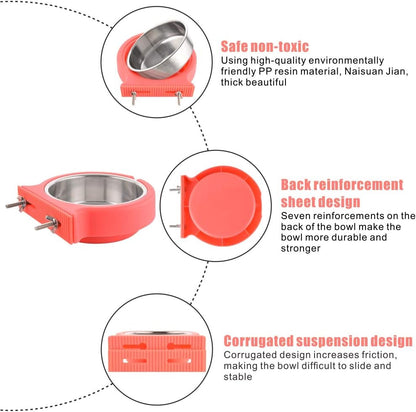 Crate Dog Bowl Removable Stainless Steel Water Food Feeder Bowls Cage Coop Cup for Cat Puppy Bird Pets (Small, Pink Orange with Corrugated Clip)