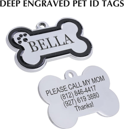 Personalized Stainless Steel Pet ID Tags with Glittery Bone Design - DEEP Engraved Dog Tags Engraved for Pets Customized with 5 Lines Dogs and Cats Pets