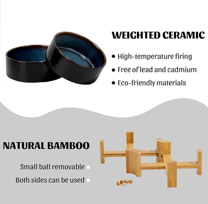 SPUNKYJUNKY 15° Slanted Ceramic Dog and Cat Bowl with Wooden Stand, Tilted Bulldog Food and Water Bowl No Slip Non-Spill for Cats Medium Dogs Big Face Pets 28.7 OZ (3.6 Cups, Starry Blue × 2)