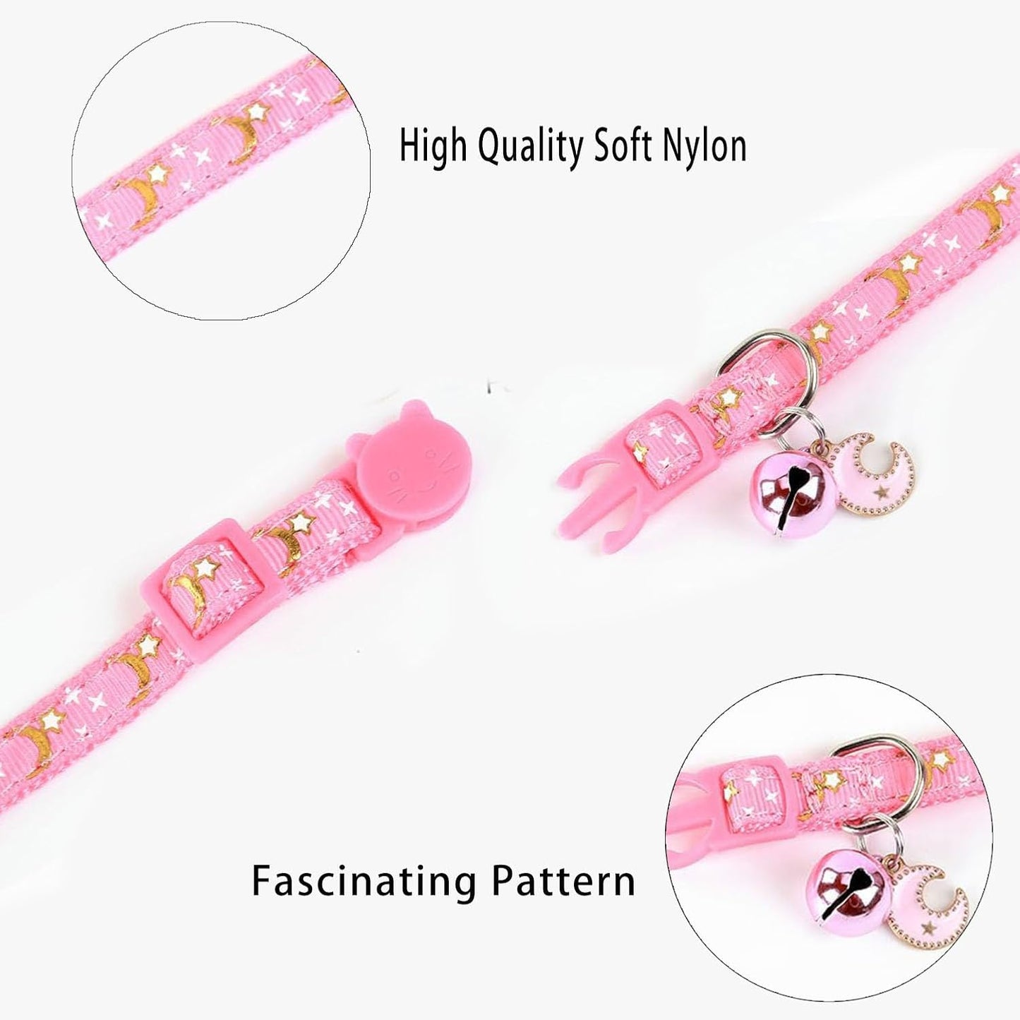 4 Pack Breakaway Cat Collar with Bell,Safety Adjustable Cat Collars Set with Moon and Star Pattern,Ideal for Girl Cats Boy Cats