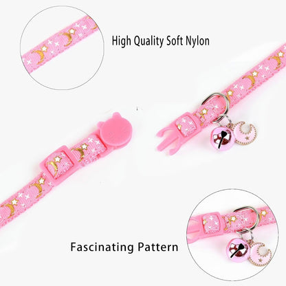 4 Pack Breakaway Cat Collar with Bell,Safety Adjustable Cat Collars Set with Moon and Star Pattern,Ideal for Girl Cats Boy Cats