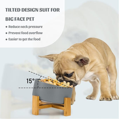 SPUNKYJUNKY 15° Slanted Ceramic Dog and Cat Bowl with Wooden Stand, Tilted Bulldog Food and Water Bowl No Slip Non-Spill for Cats Medium Dogs Big Face Pets 28.7 OZ (3.6 Cups, White-Grey)
