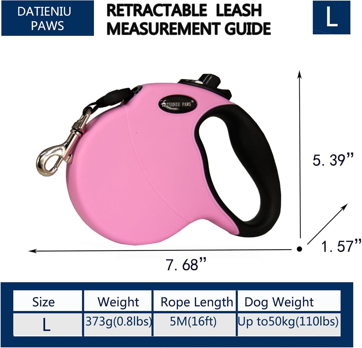 Retractable Dog Leash Hands-Free Adjustable Length 16ft with Safety Lock Durable Nylon Belt for Small Medium Large Dogs Easy Walk Training Portable Dog Leash Pink L