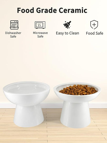 LoeJan Elevated Cat Food and Water Bowls Set, Extra Wide and Raised Ceramic Feeder, Anti-Vomit Whisker-Free Pressure Feeding Bowl for Kittens Adult Small Dogs
