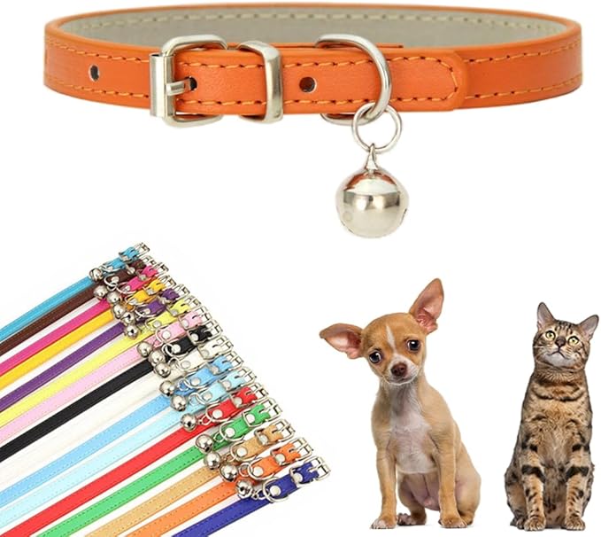 Orange Dog Collar with Bells for Small Dogs, Faux Leather Puppy Collar with Bells Pu Basic Boy Dog Collars for XXS XSmall Small Medium Pet Male Dogs Little Cats Tiny Animal, S