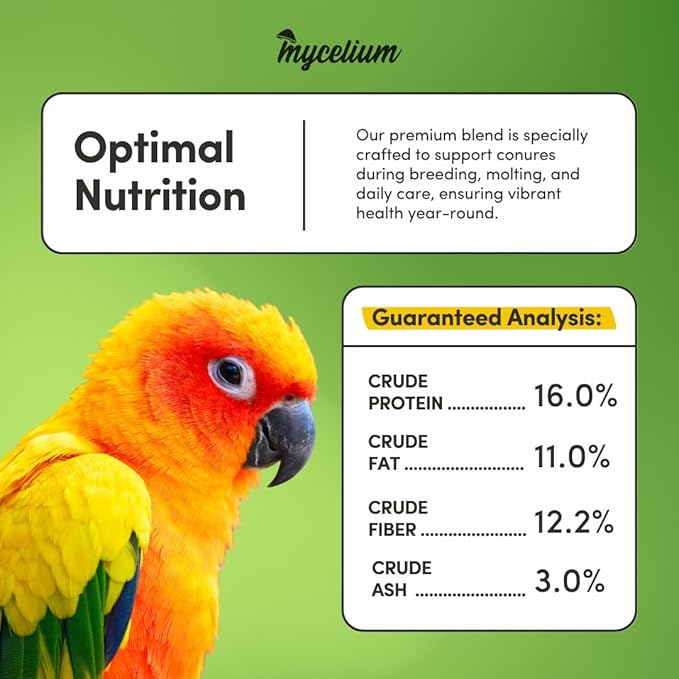 Mycelium Organic Conure Plus Feed (5 LBS) | High-Protein Bird Seed for Conures | Brain & Heart Health, Vitamin-Fortified Daily Nutrition | Omega-Rich, Non-GMO, USA Made