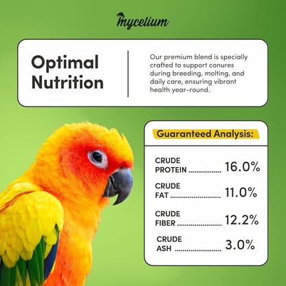 Mycelium Organic Conure Plus Feed (5 LBS) | High-Protein Bird Seed for Conures | Brain & Heart Health, Vitamin-Fortified Daily Nutrition | Omega-Rich, Non-GMO, USA Made