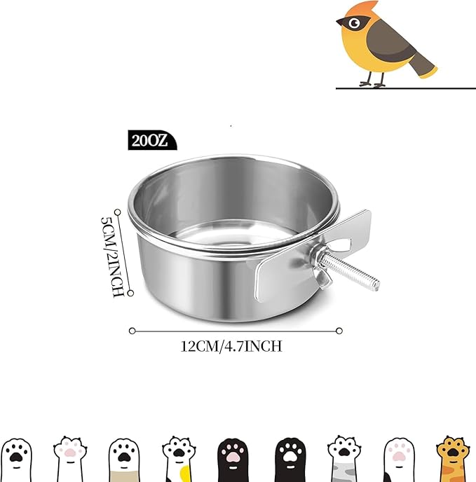 Bird Cage Feeder, Bird Feeder for Cage, 20OZ Stainless Steel Parrot Food Water Bowls with Clamp Holder, Hanging Feeding Dish Cups for Cockatiel Parakeet Conure Budgie Lovebird Small Animal