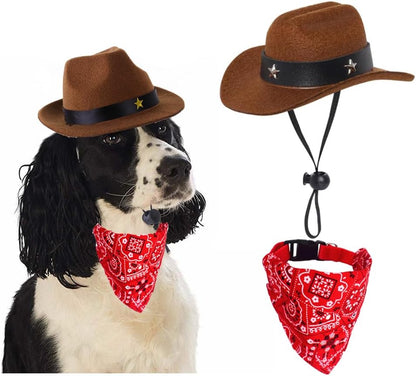 Dog Cowboy Costume Mini Brown Cowboy Hat Pet Bandana Halloween Costume for Cat Size S