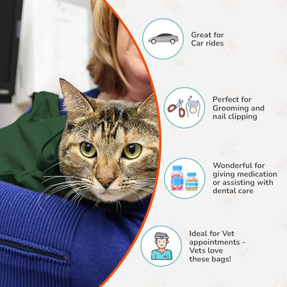 Cat-in-the-Bag Cozy Comfort Carrier - Small Green Cat Carrier, Cat Holder for Cutting Nails, & Cat Carrier Pouch for Vet Visits, Medication Administration, Dental Care, & Travel