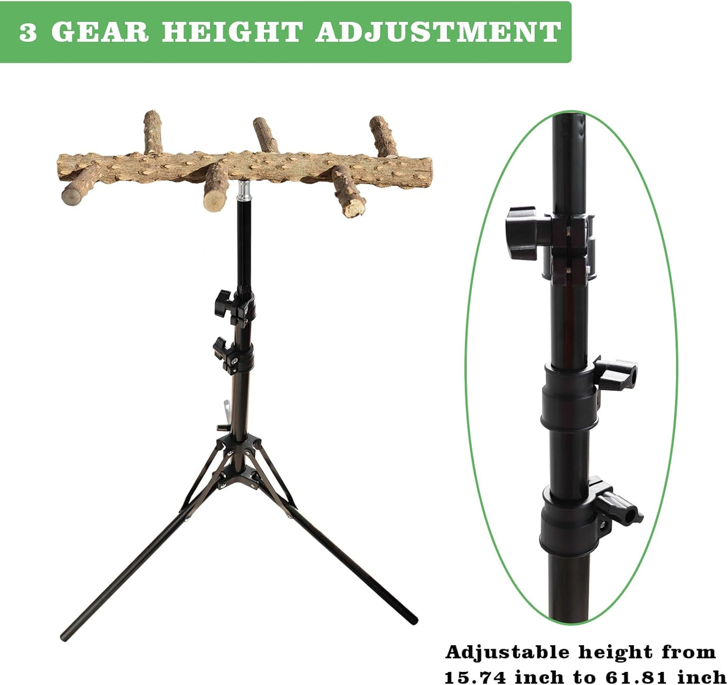 Wooden Bird Perch Stand with a Height Adjustable Tripod, Bird Training Accessories for Indoor or Outdoor, Birds Stand for African Grey, Budgies, Cockatiels, Lovebirds, Conures, Small to Medium Birds