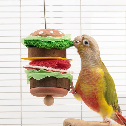 Bird Toys & Bird Perch, Bird Wooden Block Chewing Toy Parrot Foraging & Puzzle Toys Bird Cage Accessories for Conures Parakeets Cockatiels Lovebirds African Grey Macaws (Burger FruitFork)