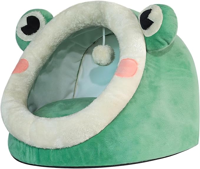 Jiupety Cute Cat Bed, Indoor Lovely Velvet Igloo for Cat, Warm Cave Sleeping Nest Bed for Puppy and Kitten, Green Frog, S