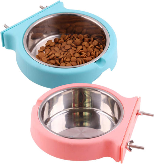 kathson Crate Dog Bowl, Removable Stainless Steel Hanging Pet Cage Bowl Food & Water Feeder Coop Cup for Cat, Puppy, Birds, Rats, Guinea Pigs (2pcs, Pink and Blue)