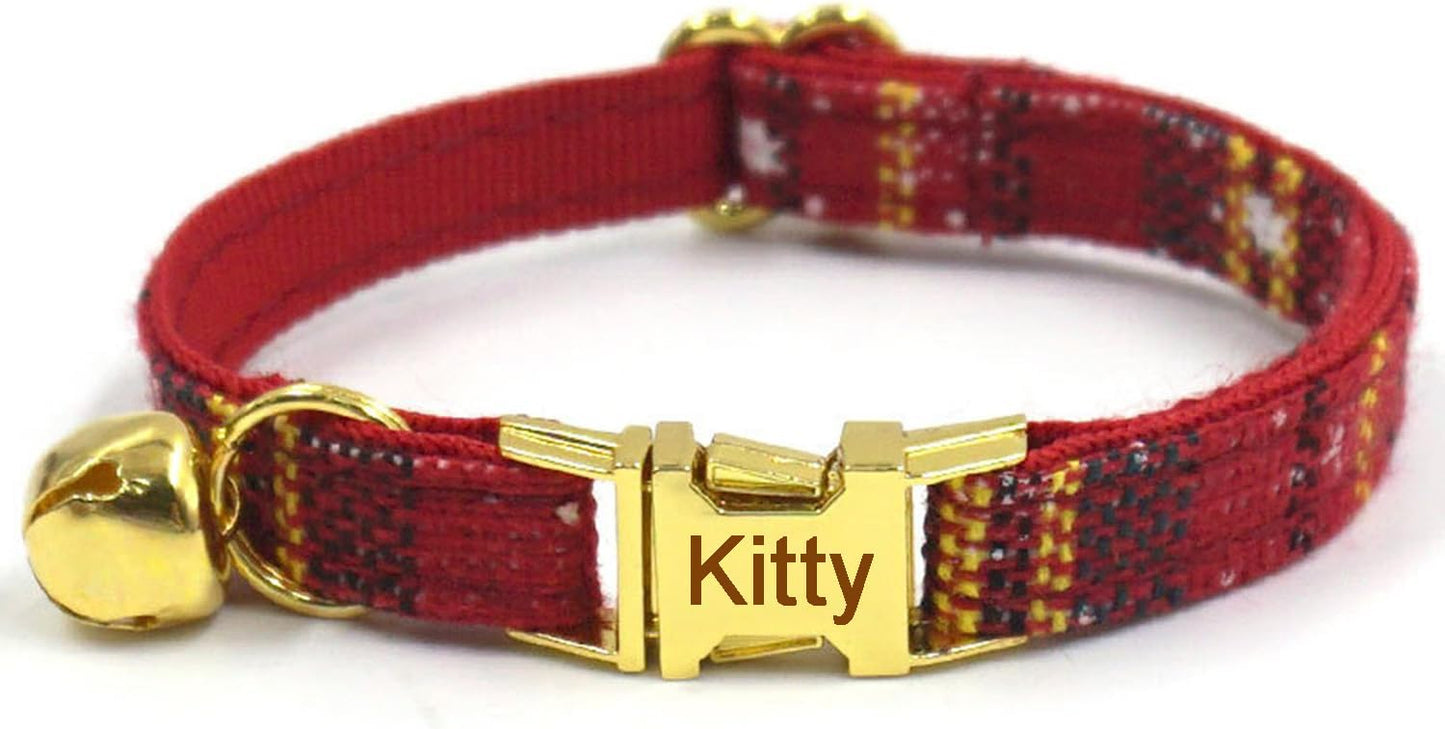 Personalized Cat Collar with Bells,Velvet Customized Small Cat Collar with Name Tag,Pet Collar with Name Phone Number Engraved ID Tags for Boy and Girl Kitten Cats (Red Christmas cat Collar)