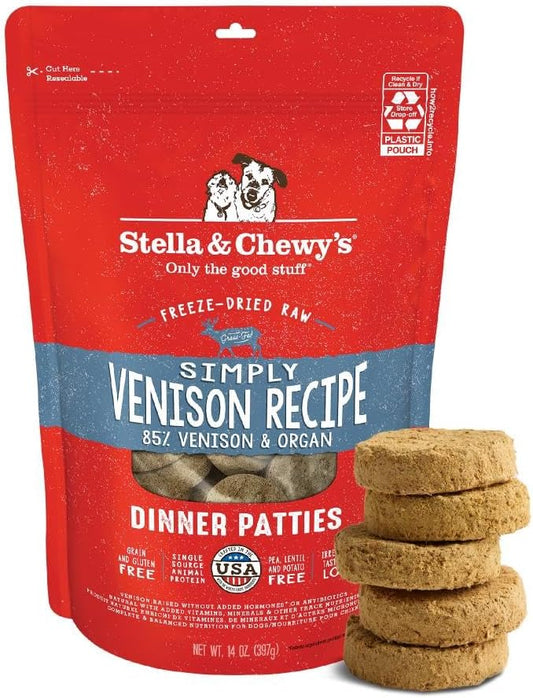 Stella & Chewy's Freeze-Dried Raw Dinner Patties - Simply Venison Recipe - High Protein Grain-Free Puppy & Dog Food - Perfect For Picky Eaters - 14 oz