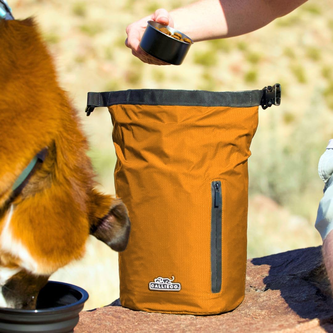 Callieco Dog Food Travel Bag w/ 1 Cup Scoop and Zipper Side Pocket | Waterproof Kibble Storage Container for Home, Road Trips, Camping, Boarding and More (Orange, 64 Cups)