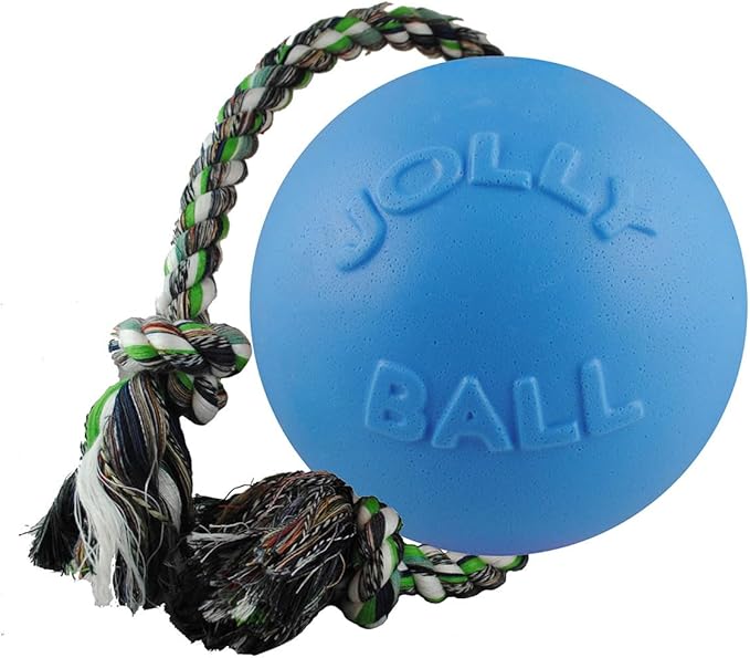 Jolly Pets Romp-n-Roll Rope and Ball Dog Toy, 4.5 Inches/Small, Blue (645 BL), for Small Breeds